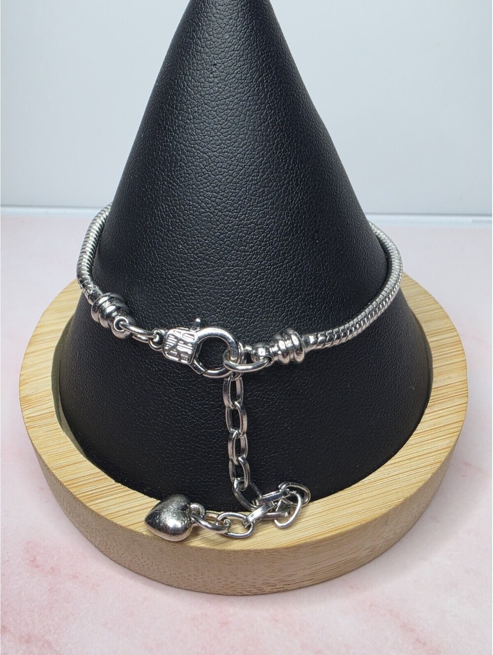 European Snake Chain Charm Bracelet Fits Silver Tone Starter Heart Clasp